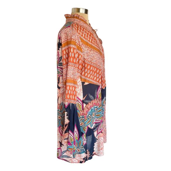 Umgee Rust Blue Floral Print Boho Dress Sz SMALL Bell Cuff Flowy Bohemian Fall - Picture 7 of 9